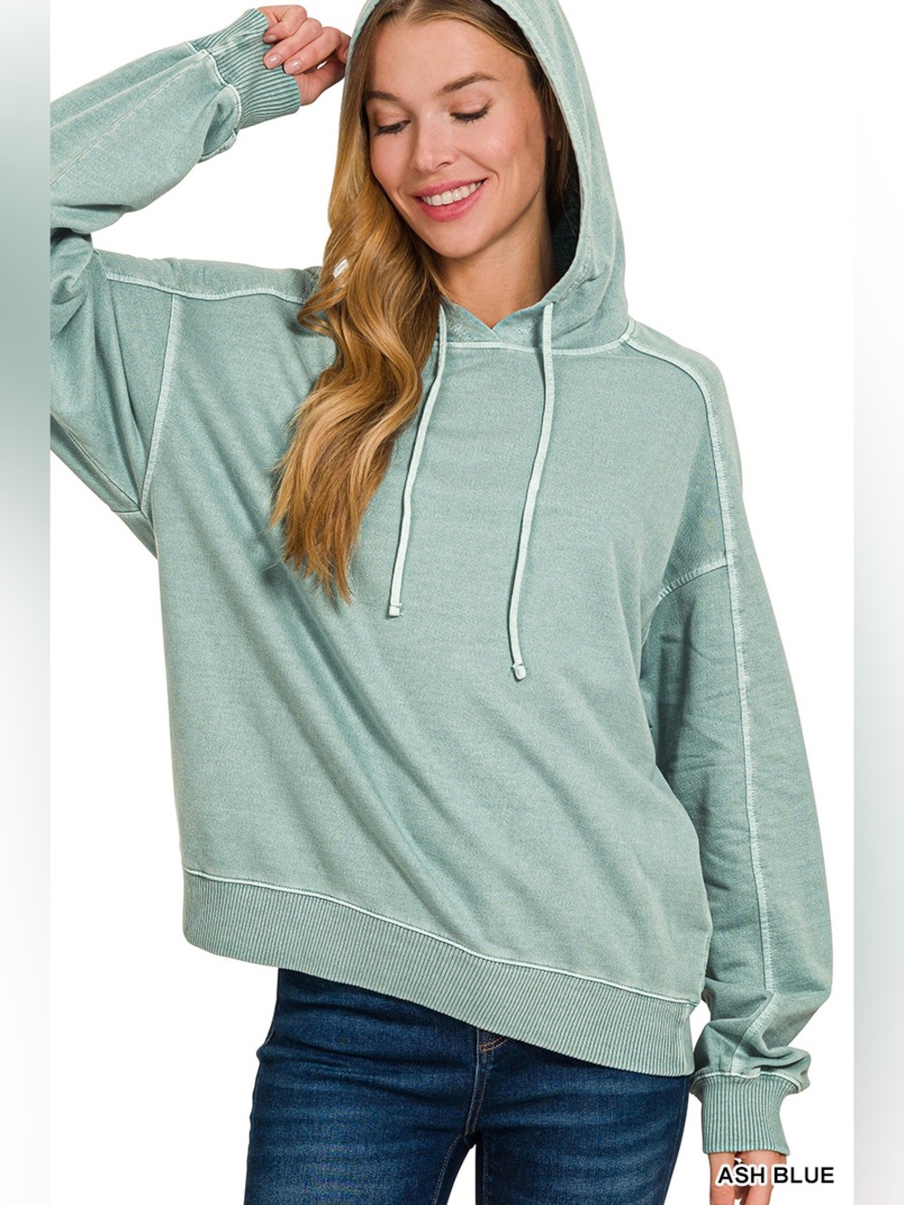 Zenana Ash Blue Pigment Dye & Enzyme Washed French Terry Hoodie